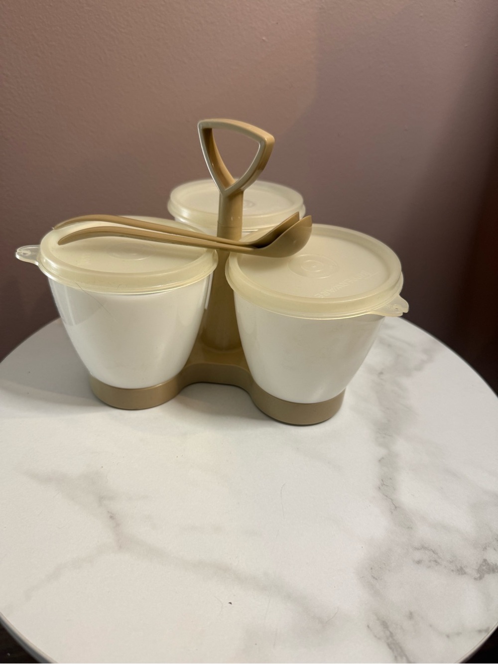 Vintage Tupperware Cream and Tan Condiment Serving Set with Spoons